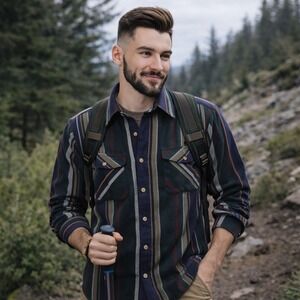 VTG‎ Backpacker Sportswear Mens L Striped Ukrainian Button Up Shirt Long Sleeve